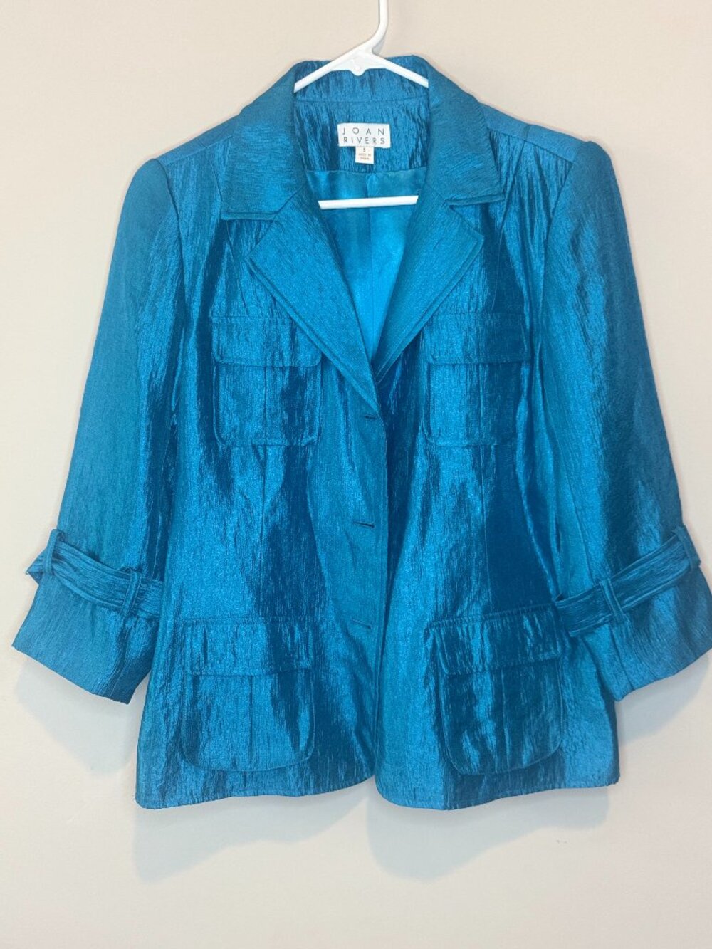 Joan Rivers Blazer Womens S Metallic Blue Rayon Blend 3/4 Sleeve Pockets